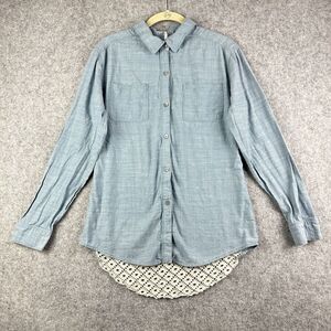 Free People Slubby Chambray Shirt Womens Small Blue Lace Back Road Trip Button*